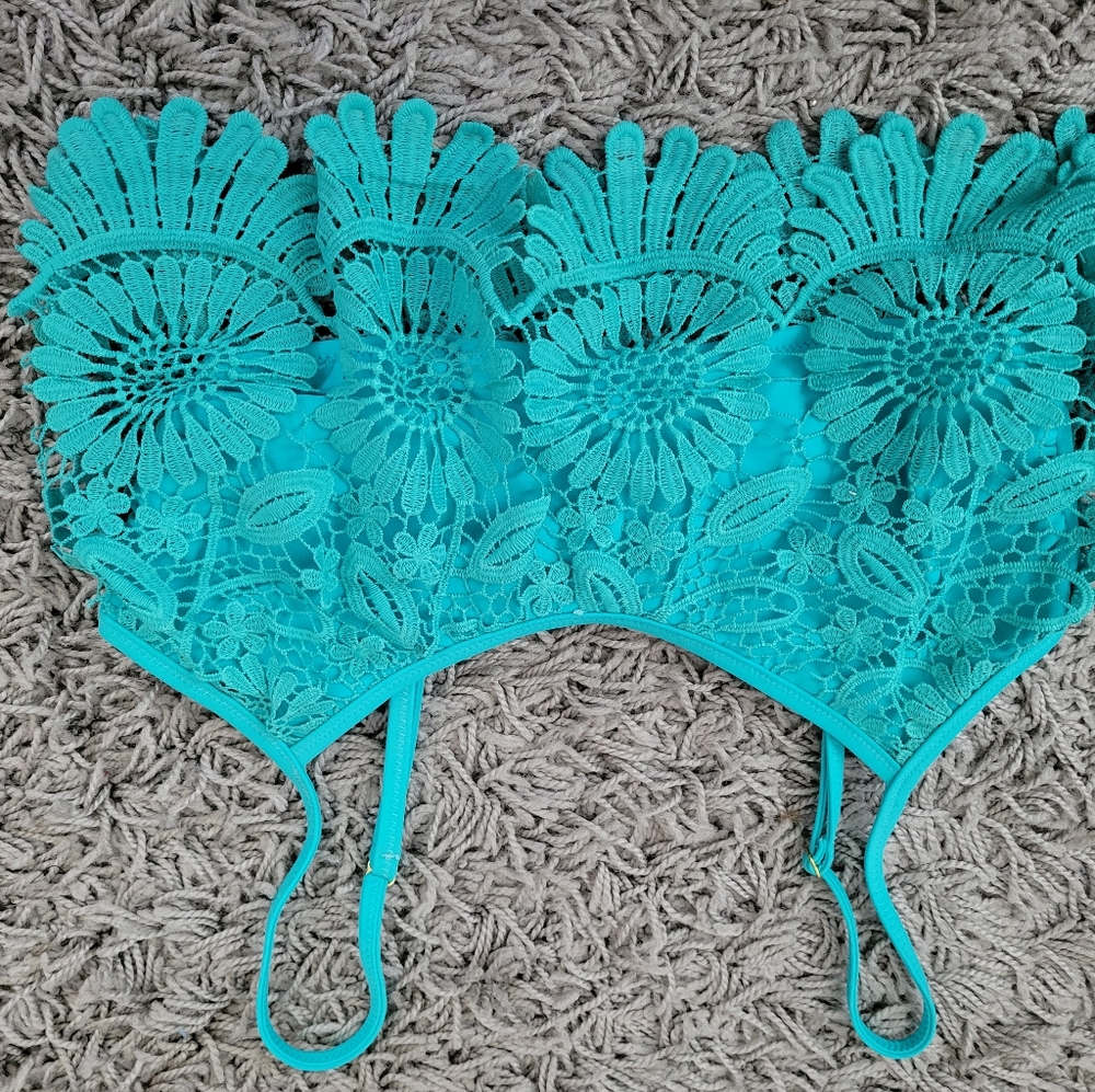 Blue floral lace bikini top